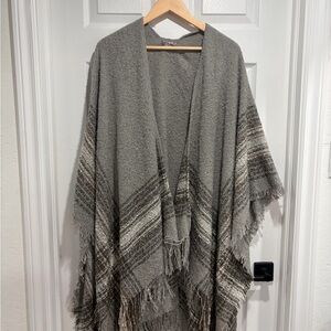 Cherie Bliss Grey Striped Knit Fringe Poncho
